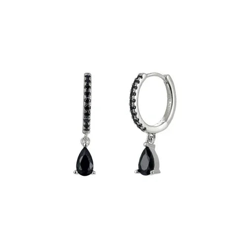 Pair of black teardrop earrings on a white background