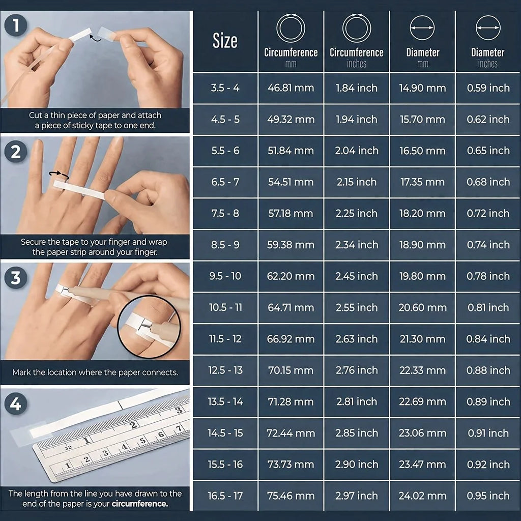 Instructions for measuring finger circumference using a paper strip and sticky tape, with a table of measurements.
