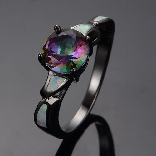 Personalized Opal Ring - Black Gold Geometric