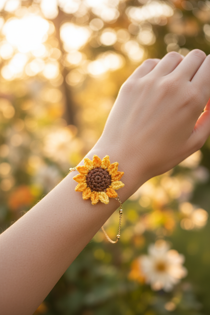 3D Sunflower Crochet Bracelet
