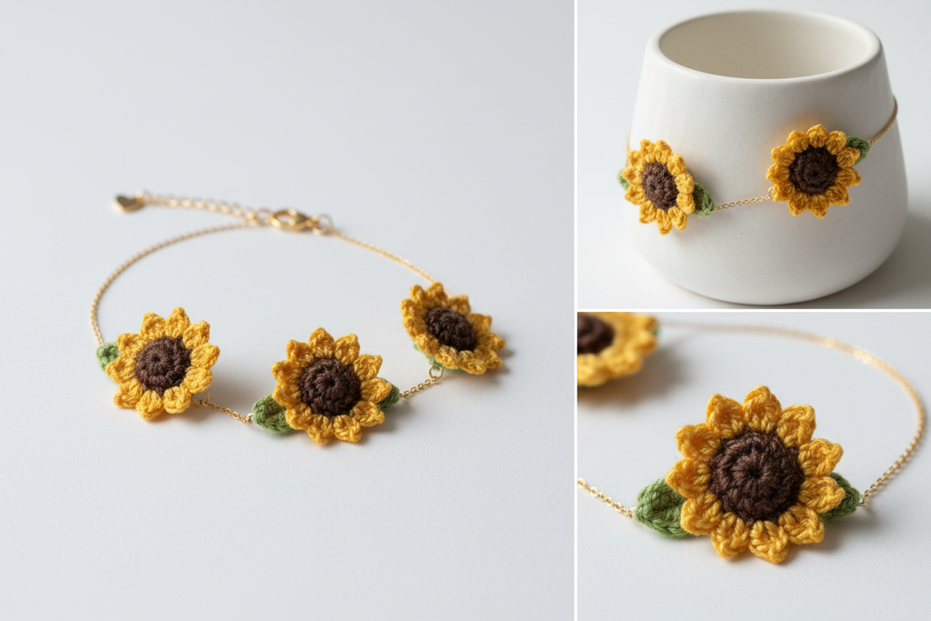 3D Sunflower Crochet Bracelet