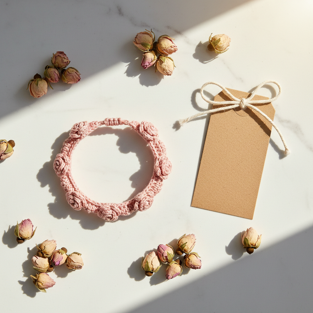 3D rose crochet bracelet with gift tag overhead shot