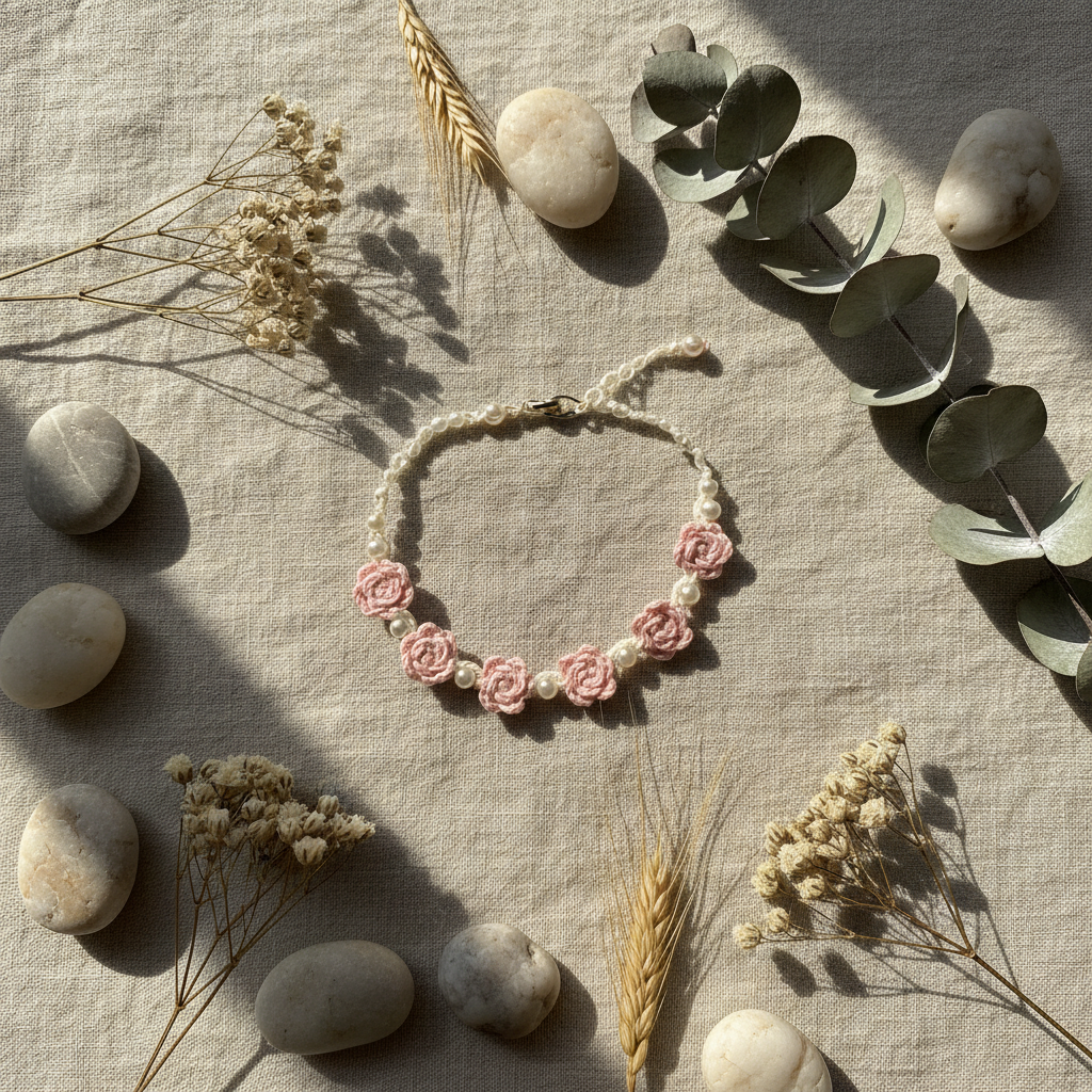 3D rose crochet bracelet on linen with botanicals