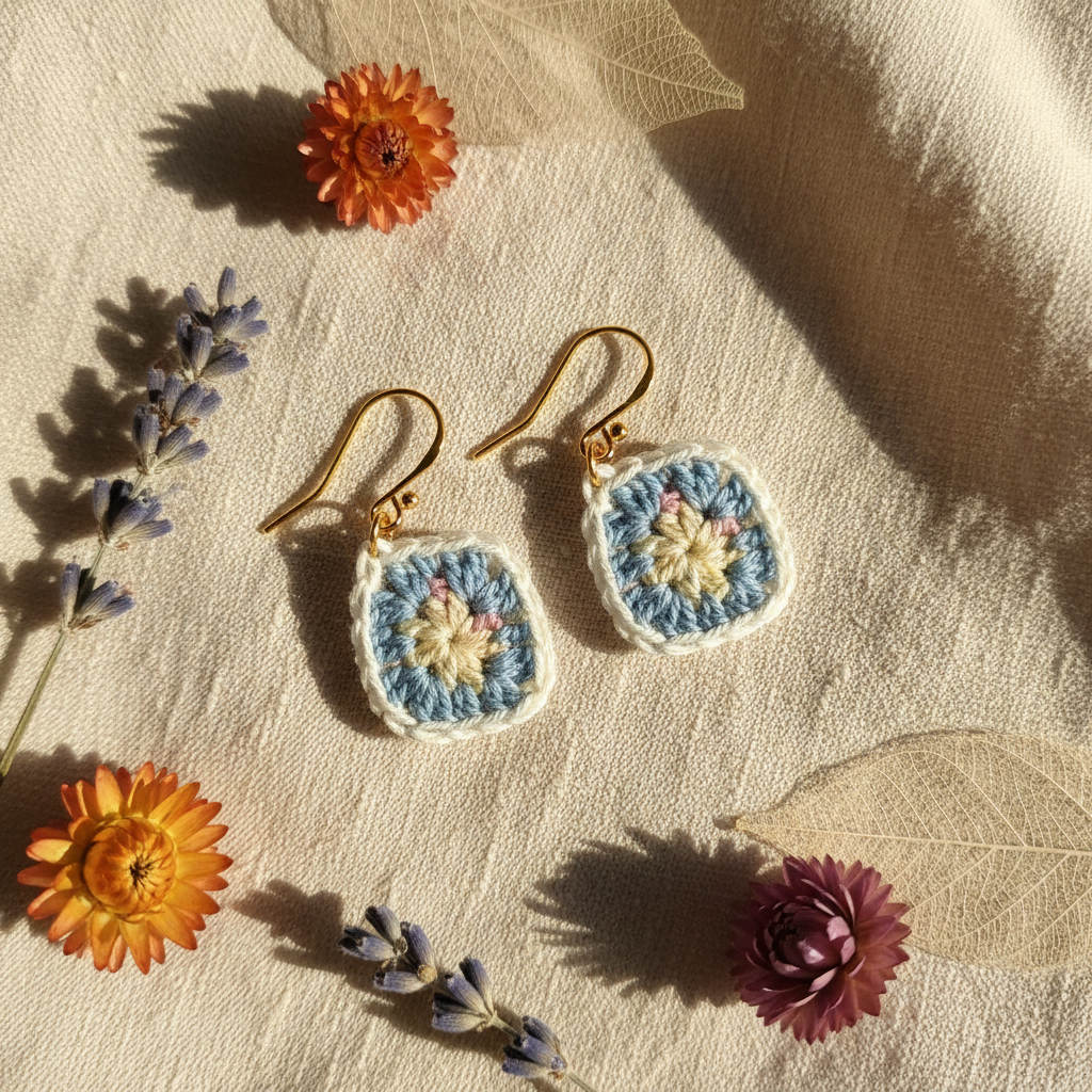 Crocheted earrings on a textured surface with flowers and leaves.