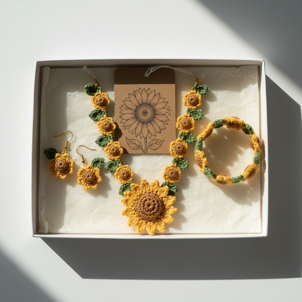 Overhead view of all 3 sunflower crochet pieces in gift box