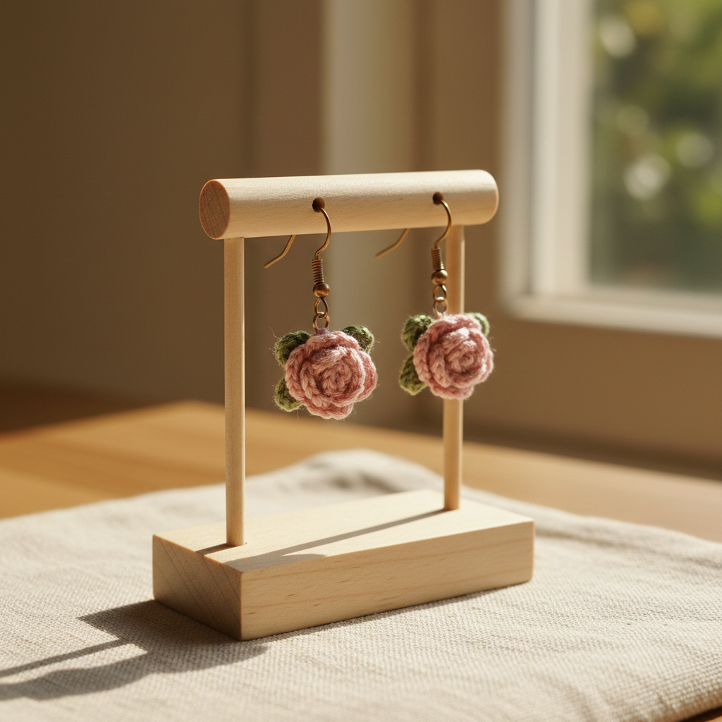 Rose crochet earrings on wooden display stand