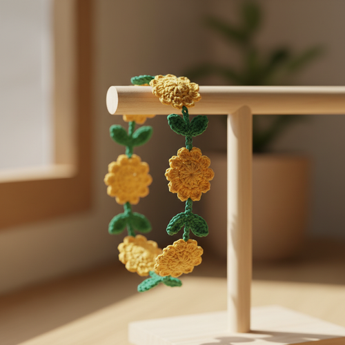 3D sunflower crochet bracelet on wooden display stand