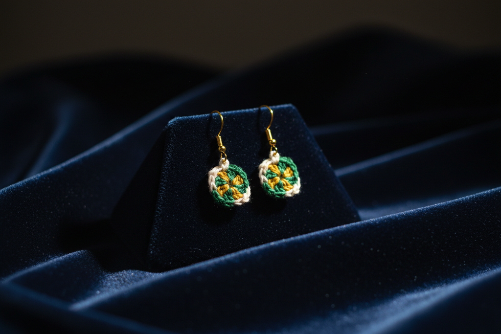 Pair of earrings on a dark blue velvet stand