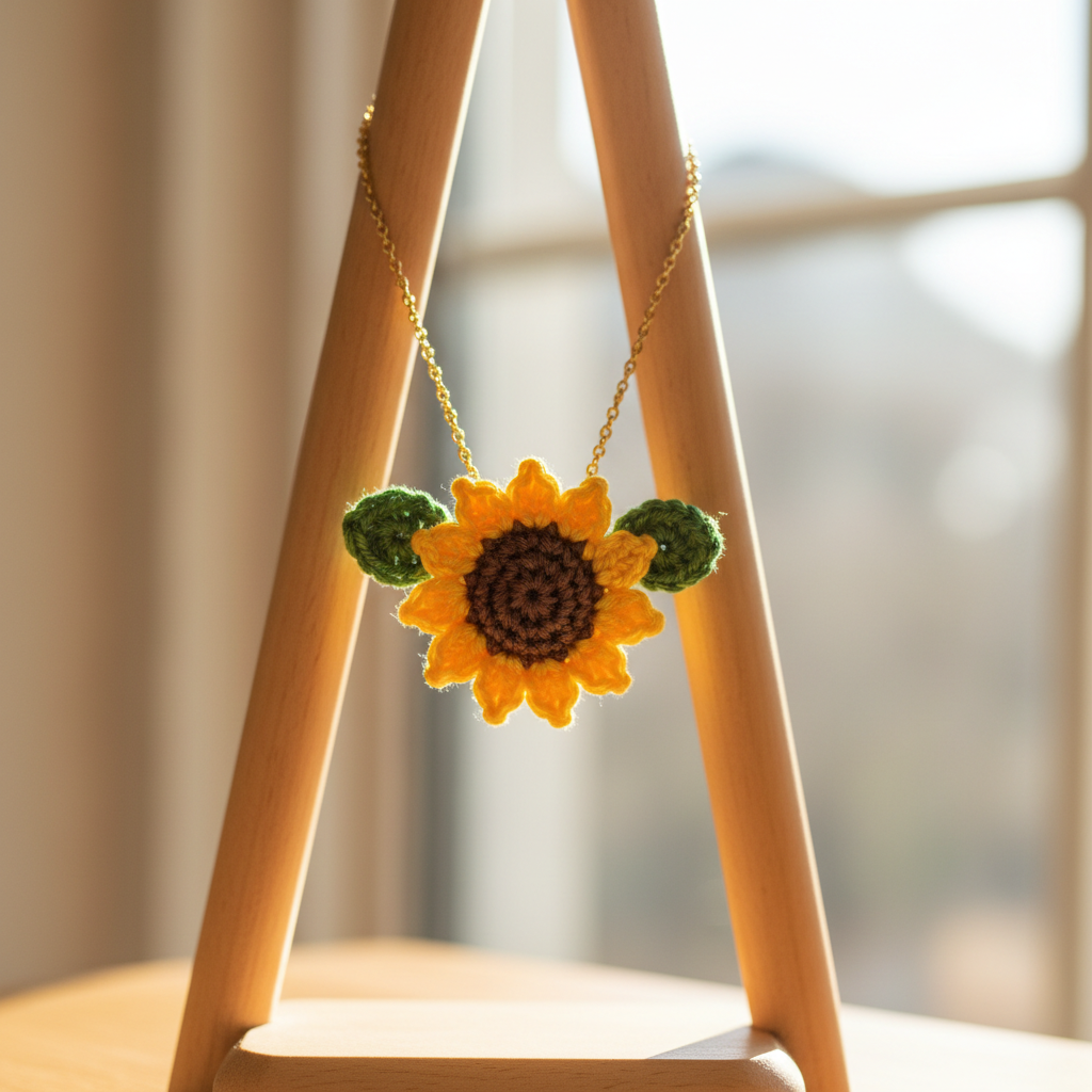 3D sunflower crochet necklace on wooden display stand