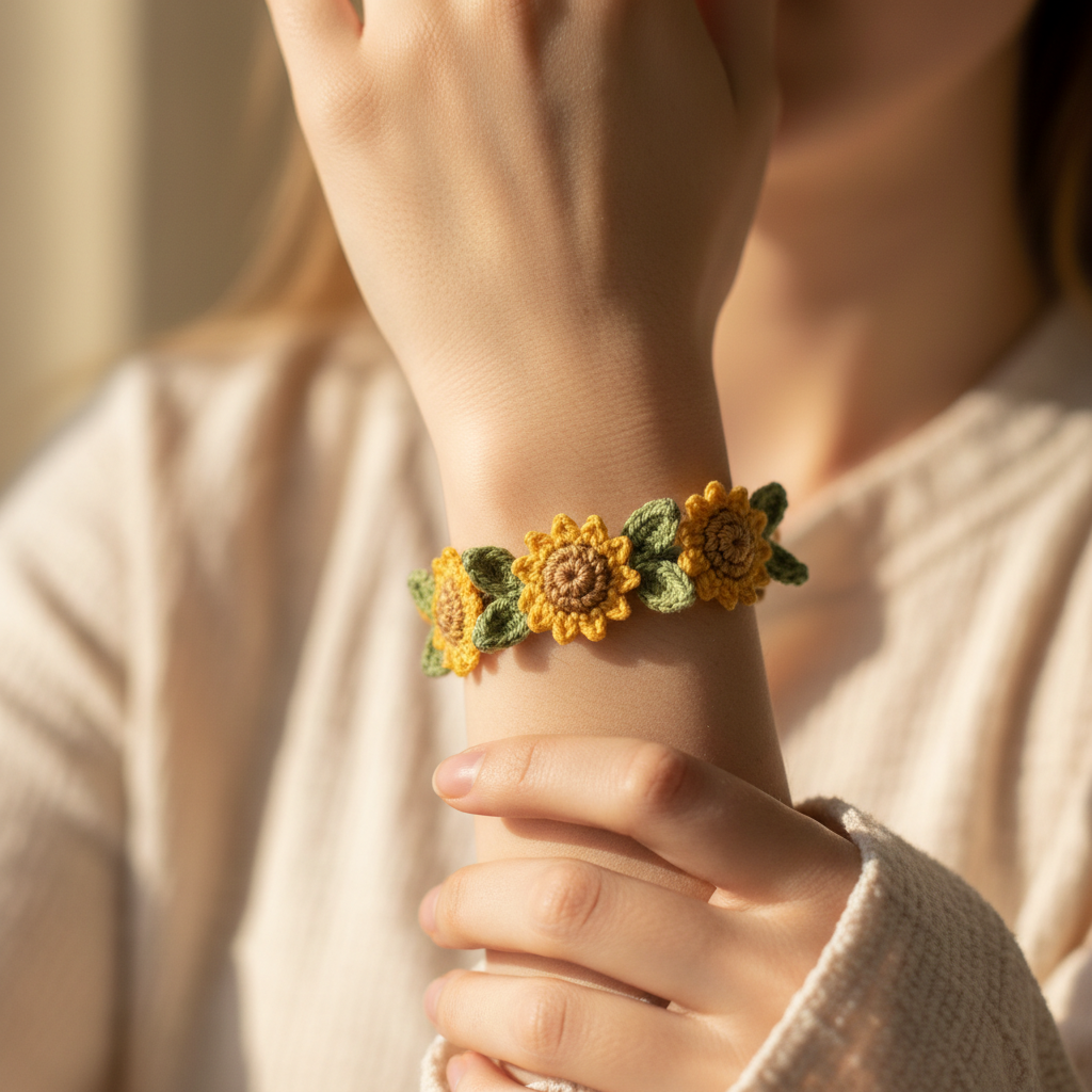 3D sunflower crochet bracelet worn on a woman's wrist