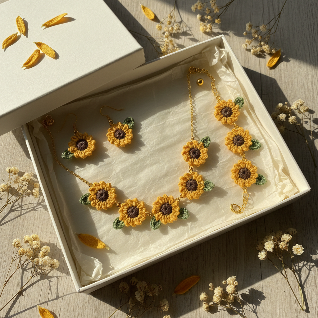 Open gift box with all 3 sunflower crochet jewelry pieces flat lay