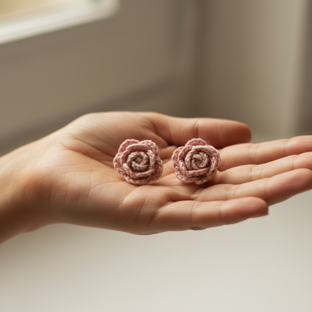 Rose crochet earrings resting on a woman's palm