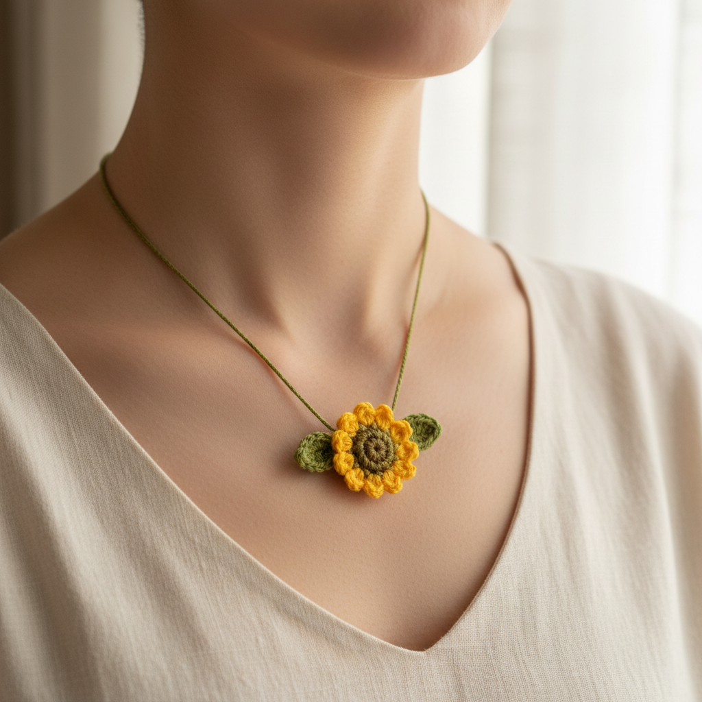 3D sunflower crochet necklace worn around a woman's neck