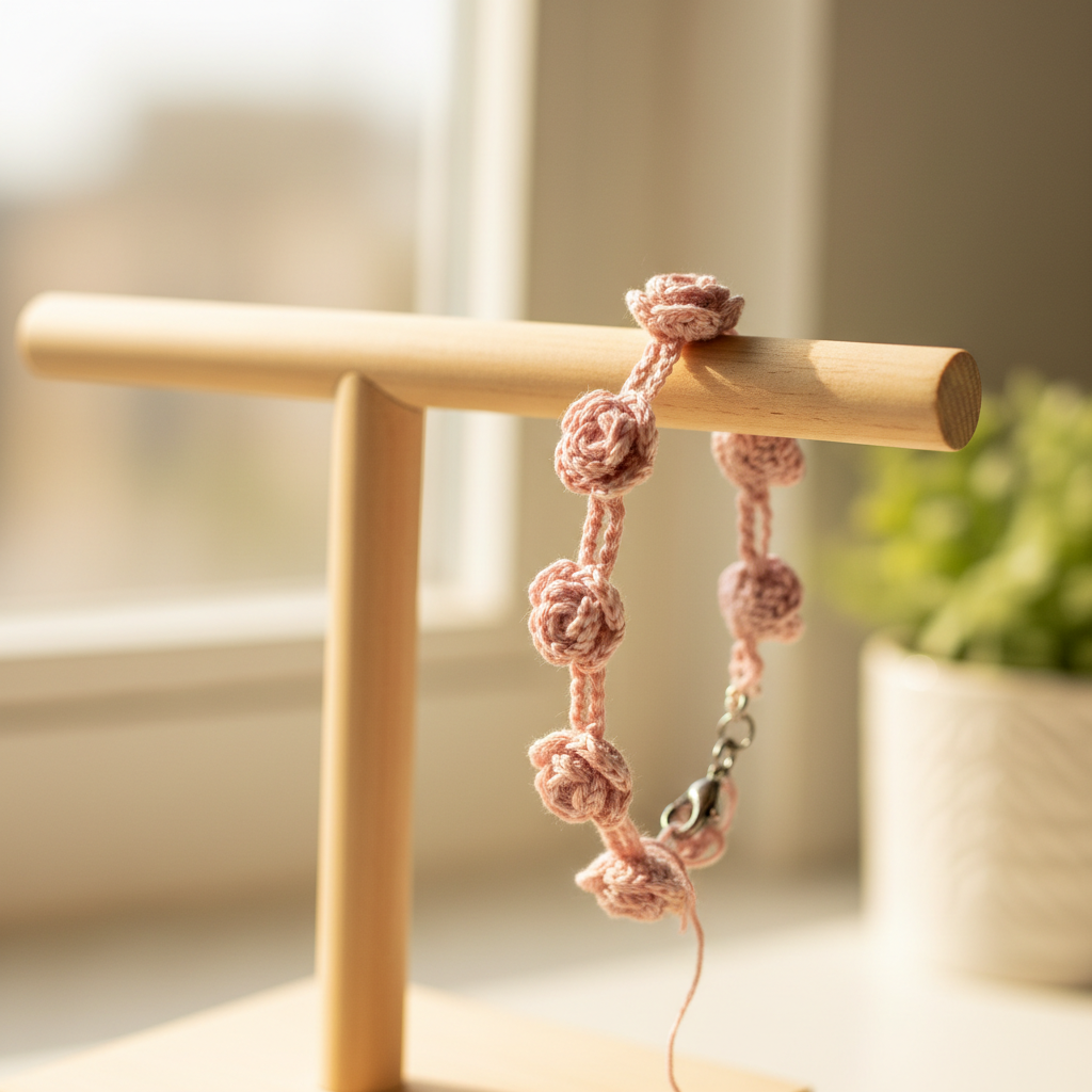 3D rose crochet bracelet on wooden display stand