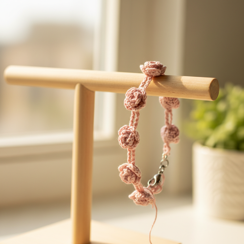 3D rose crochet bracelet on wooden display stand
