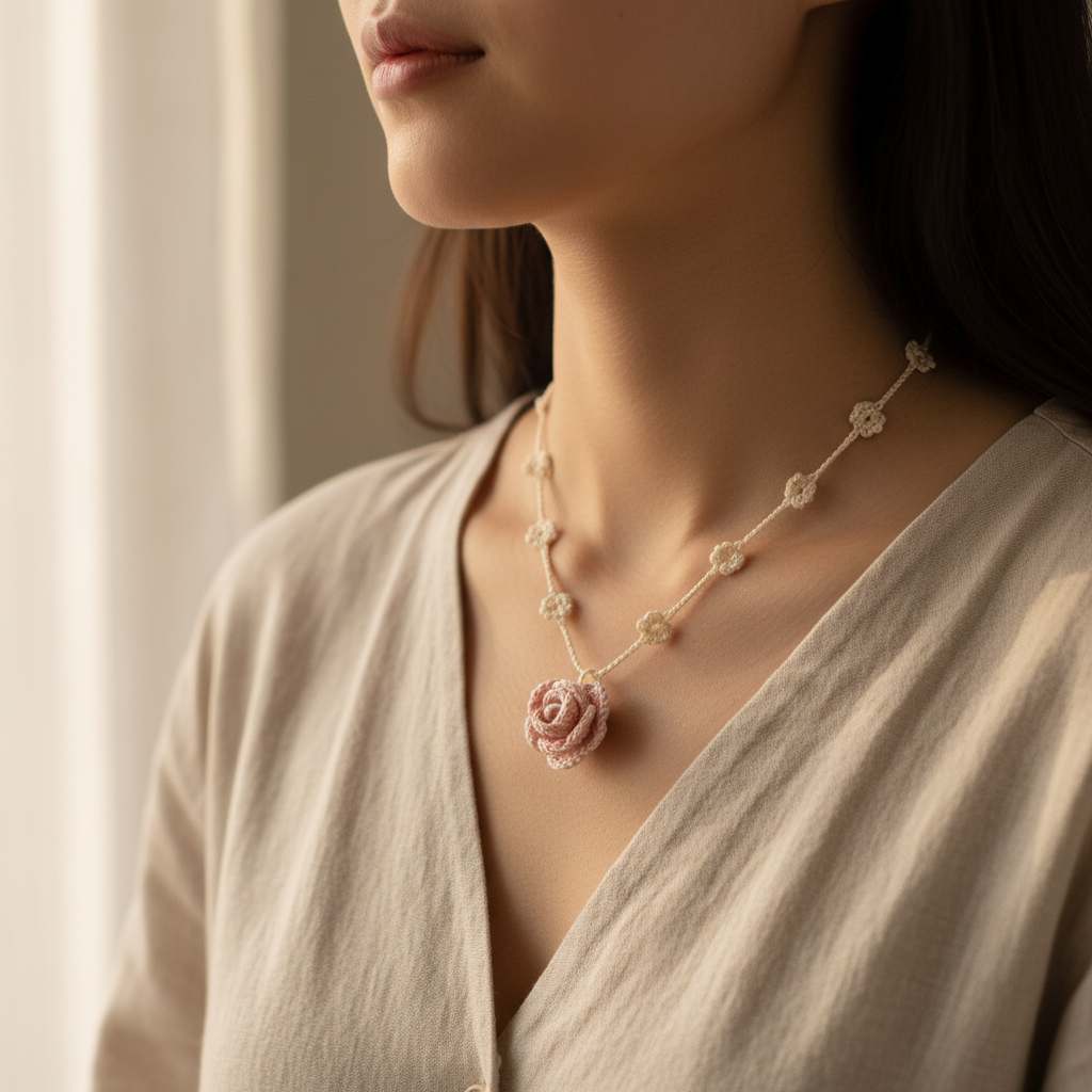 3D rose crochet necklace worn around a woman's neck