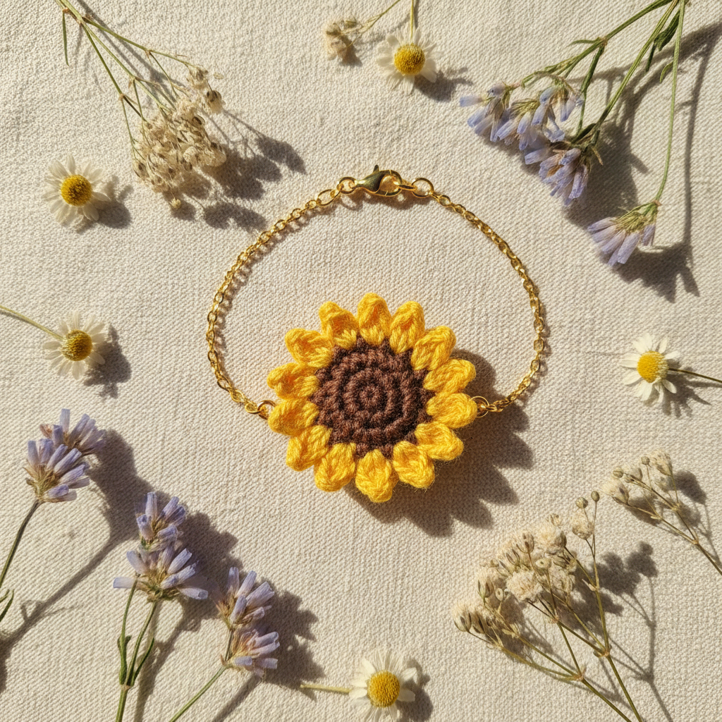3D Sunflower Crochet Bracelet