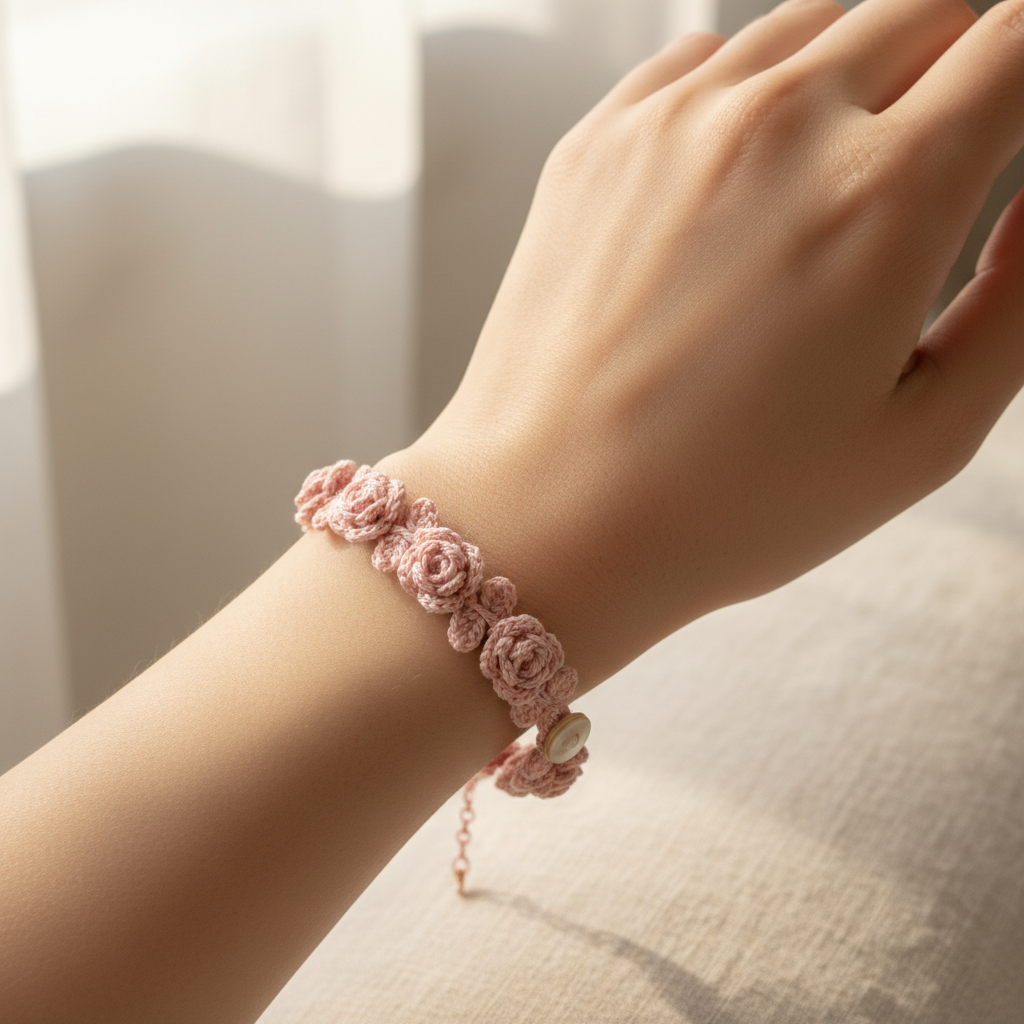 3D rose crochet bracelet worn on a woman's wrist