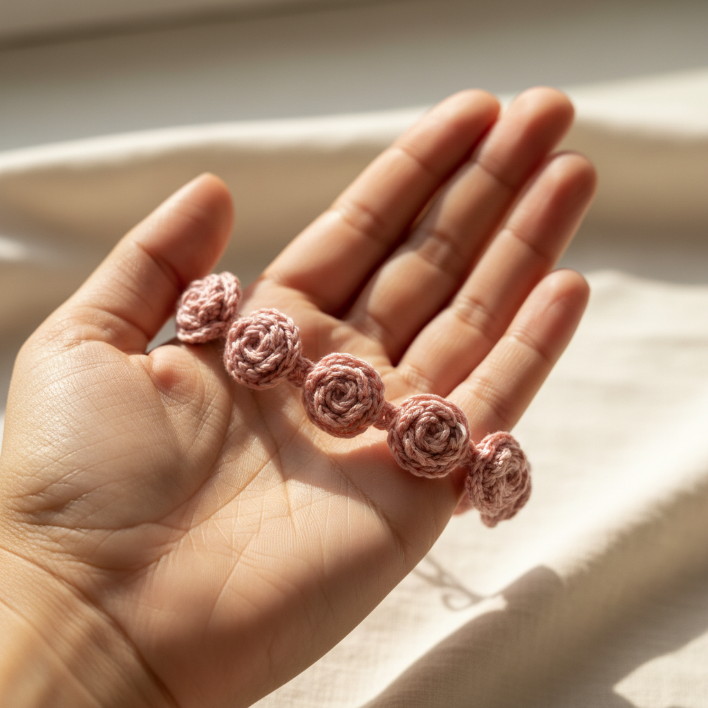 3D rose crochet bracelet resting on a woman's palm