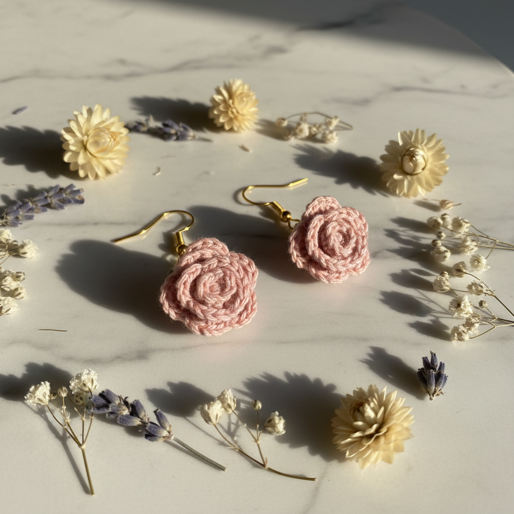 Rose crochet earrings on marble with dried flowers