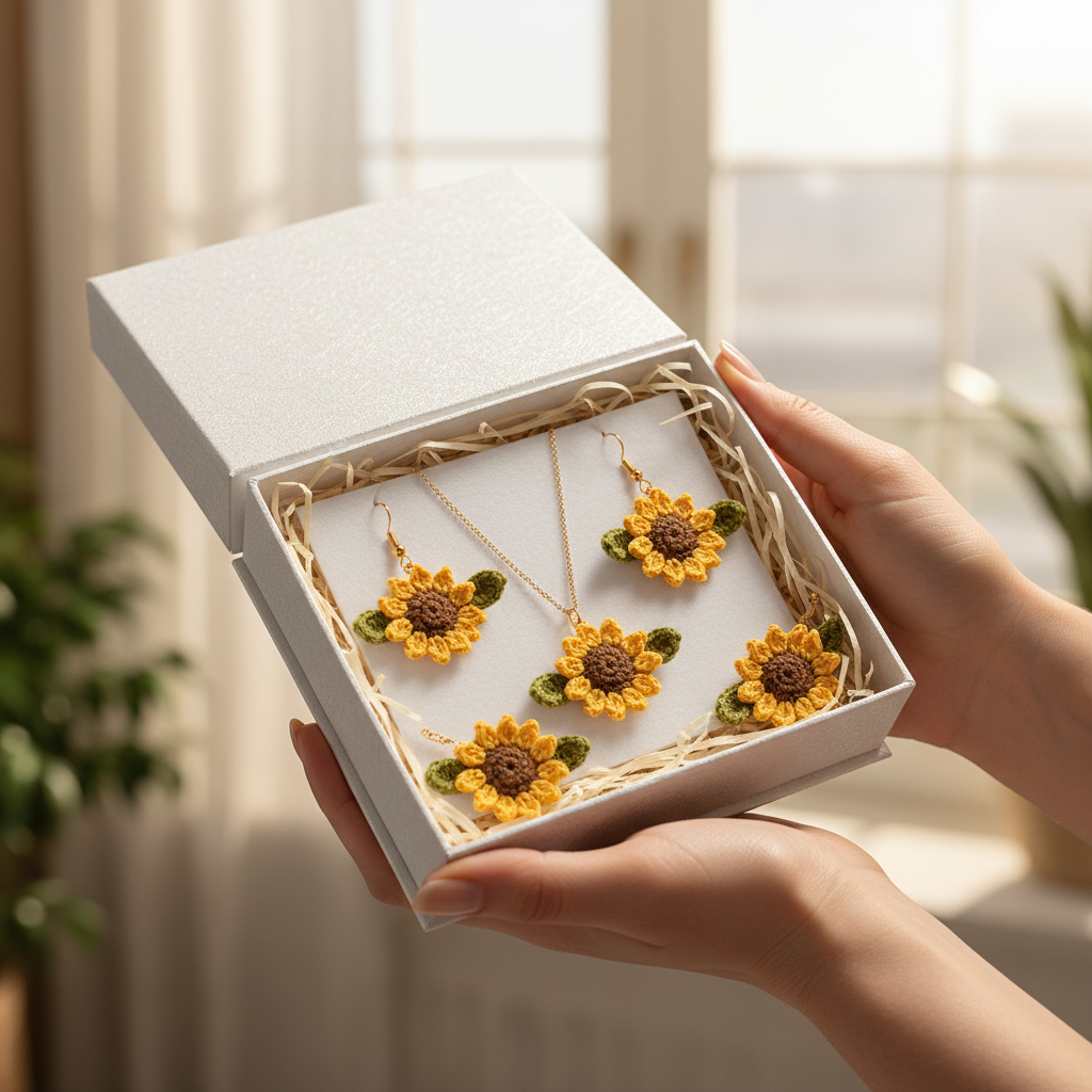 Lifestyle photo of sunflower crochet gift box held by woman's hands