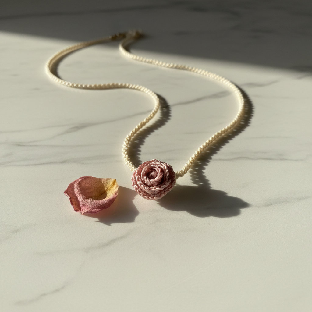 3D rose crochet necklace on marble surface