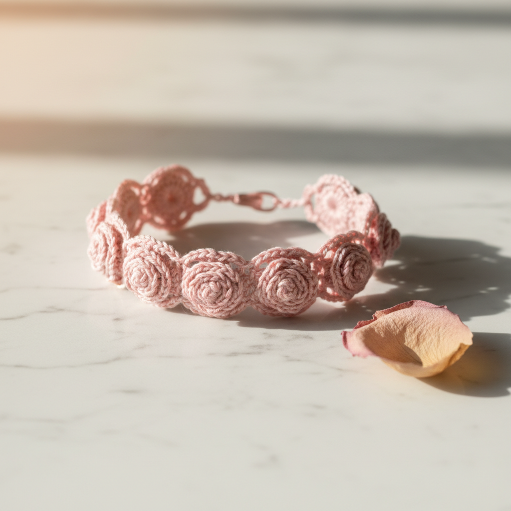 3D rose crochet bracelet on marble surface