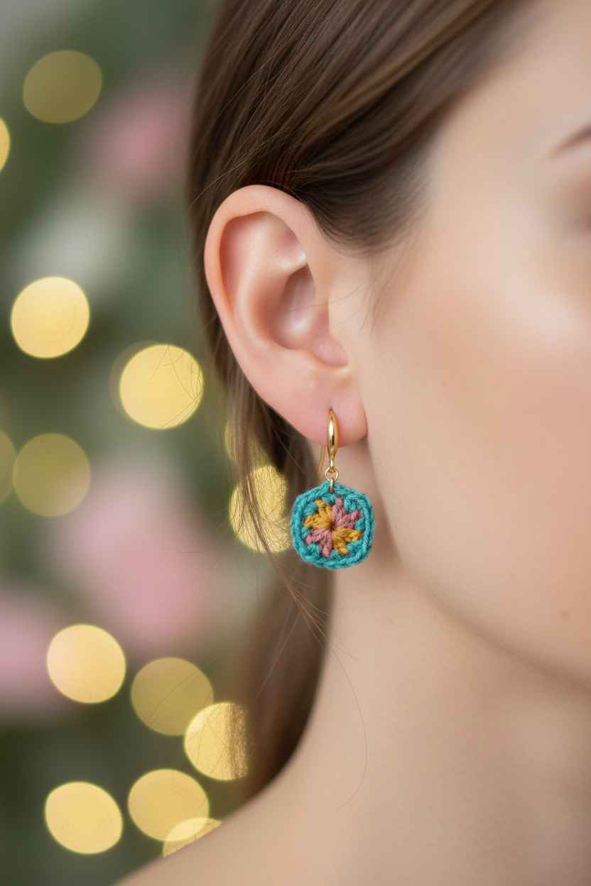 Close-up of a person wearing colorful earrings with a blurred bokeh background