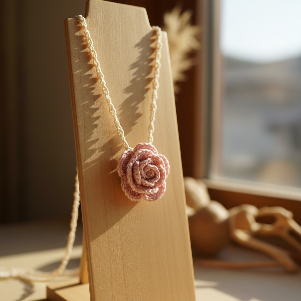 3D rose crochet necklace on wooden display stand