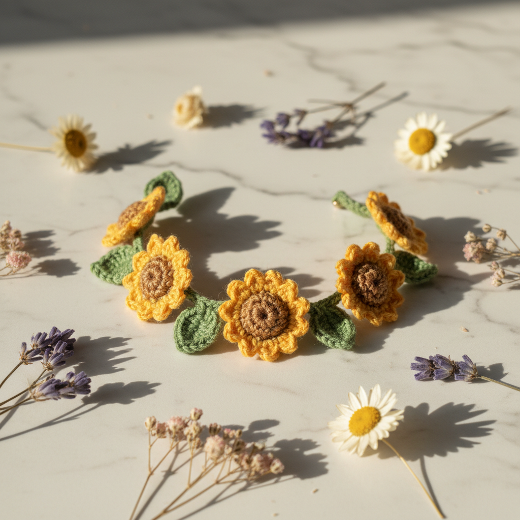 3D sunflower crochet bracelet on marble surface