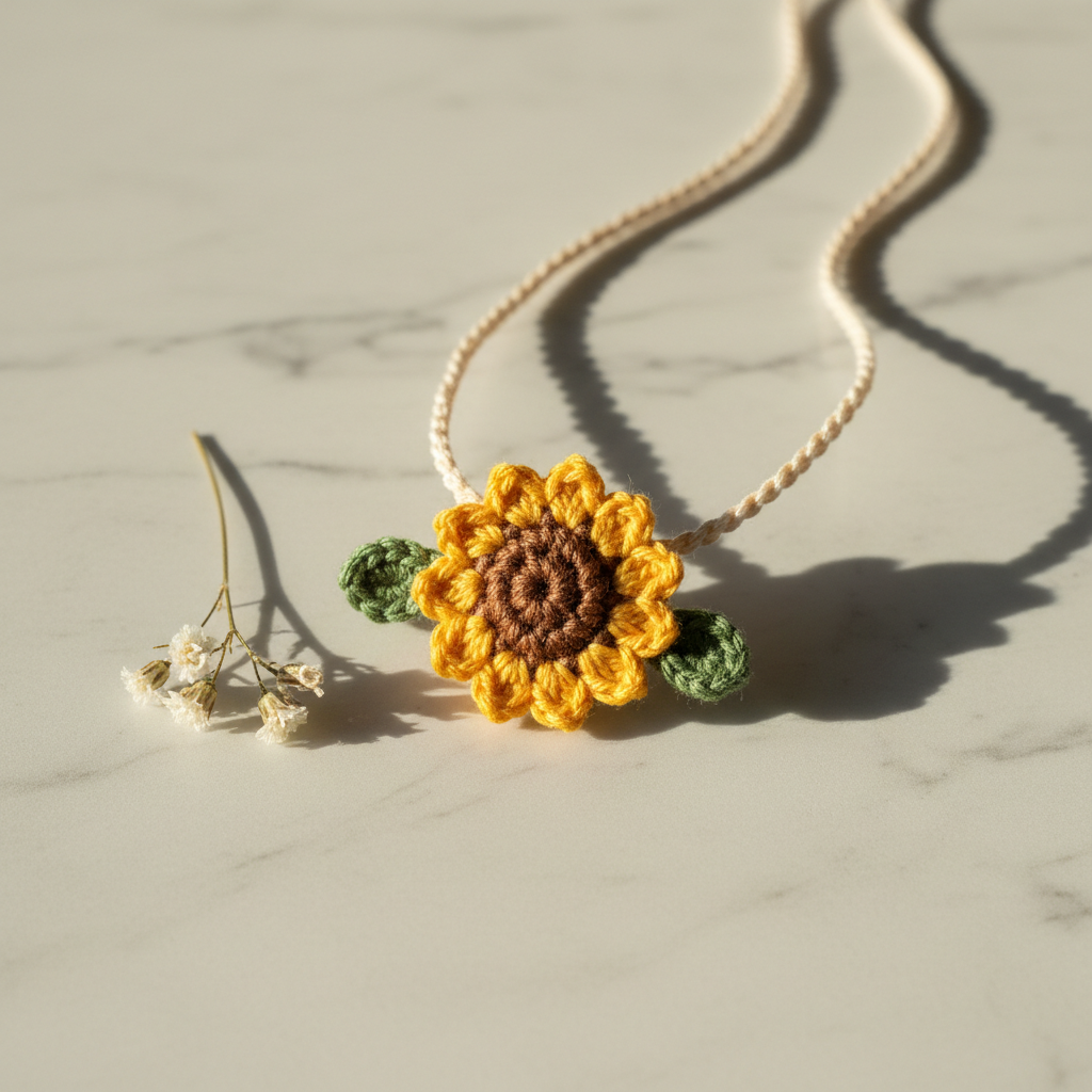 3D sunflower crochet necklace on marble surface