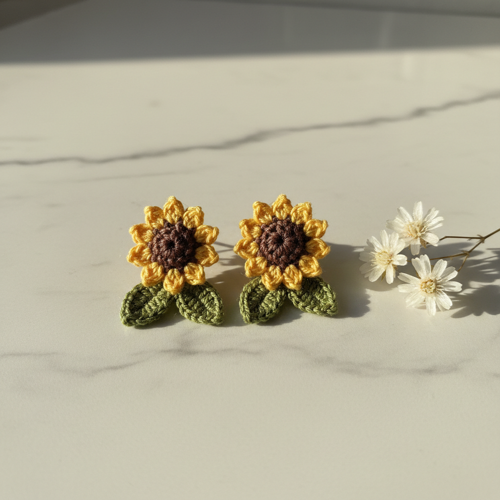 3D Sunflower Crochet Earrings